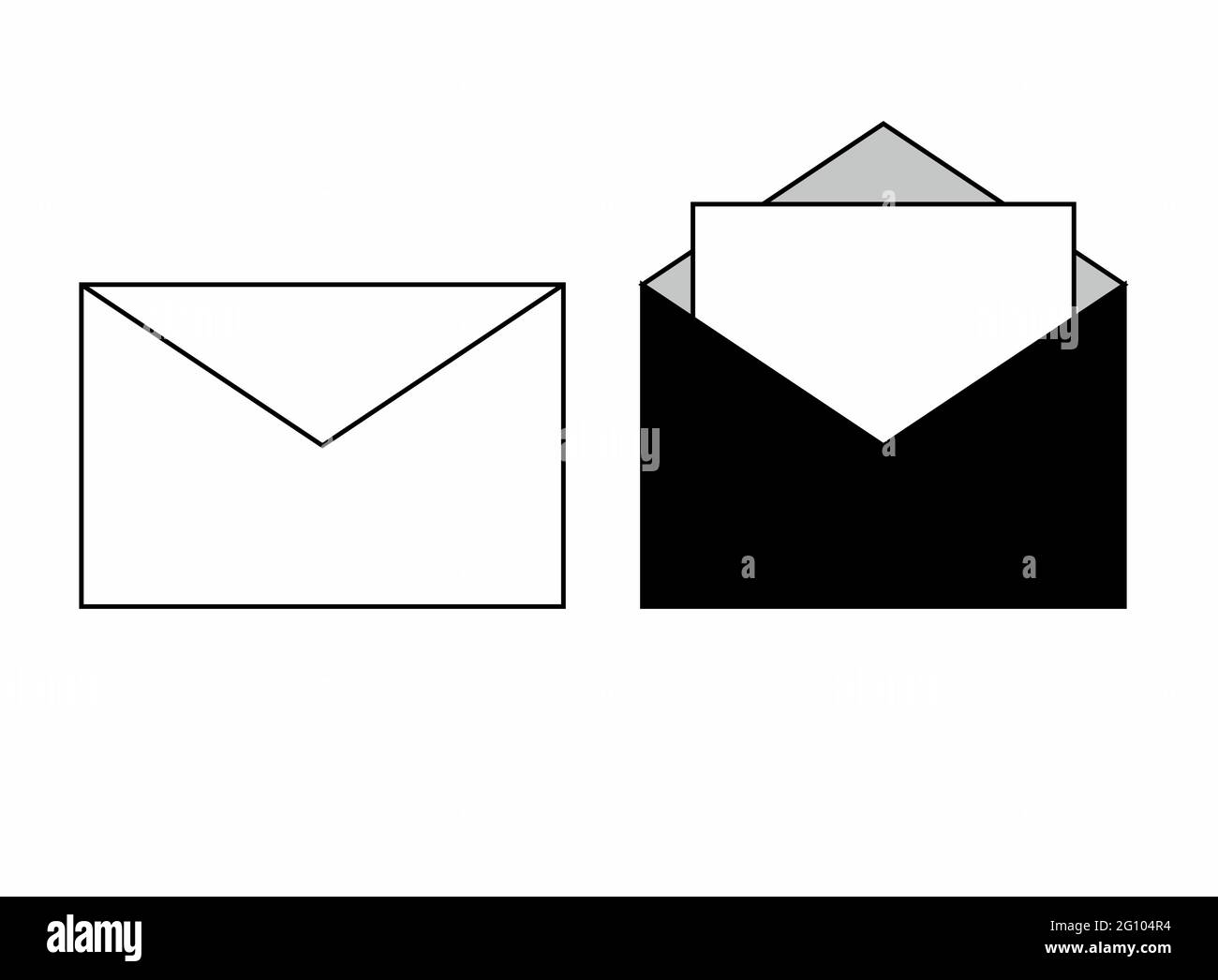 Geöffneter und geschlossener Umschlag mit einem Buchstaben für ein Logo, ein Schild, für Apps, eine Website, ein Logo oder ein Zeichenvektor, isoliert in Schwarzweiß mit Graustufen Stock Vektor