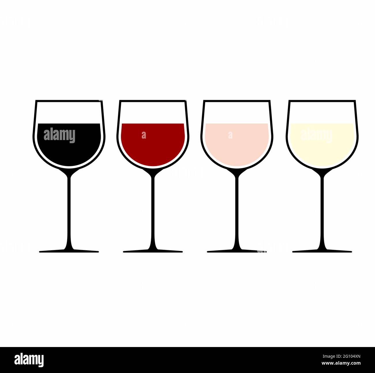 4 verschiedene Weine in Weingläsern, eine Farbe pro Glas Weinvektor Logo, Symbol oder Schild. Weinglas mit Wein zur Verkostung, Weiß-, Rot- und Roséwein. Als Stock Vektor