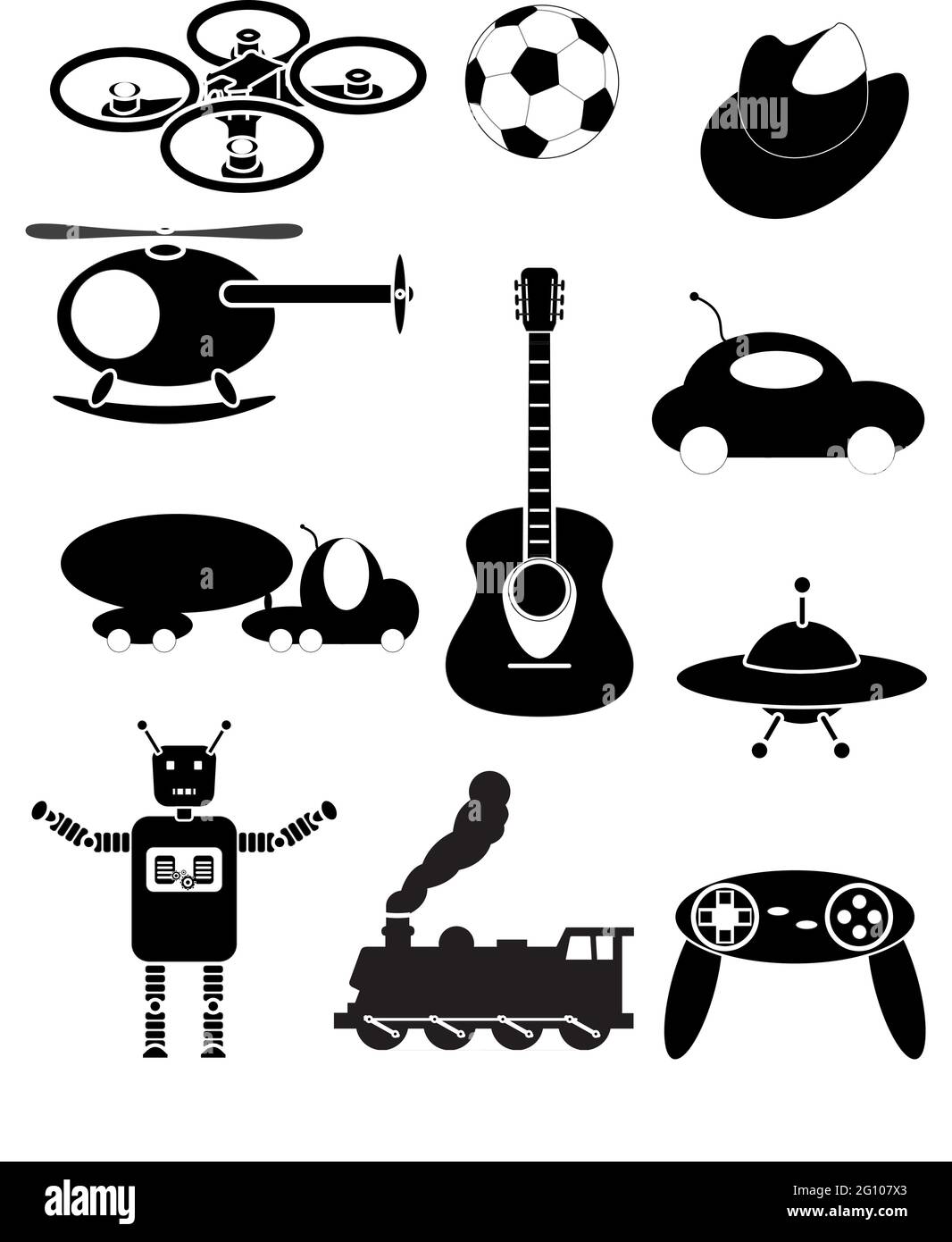Science-Fiction-Figuren, ein Außerirdischer, Rakete, Roboter, Mond und Meteor Stock Vektor