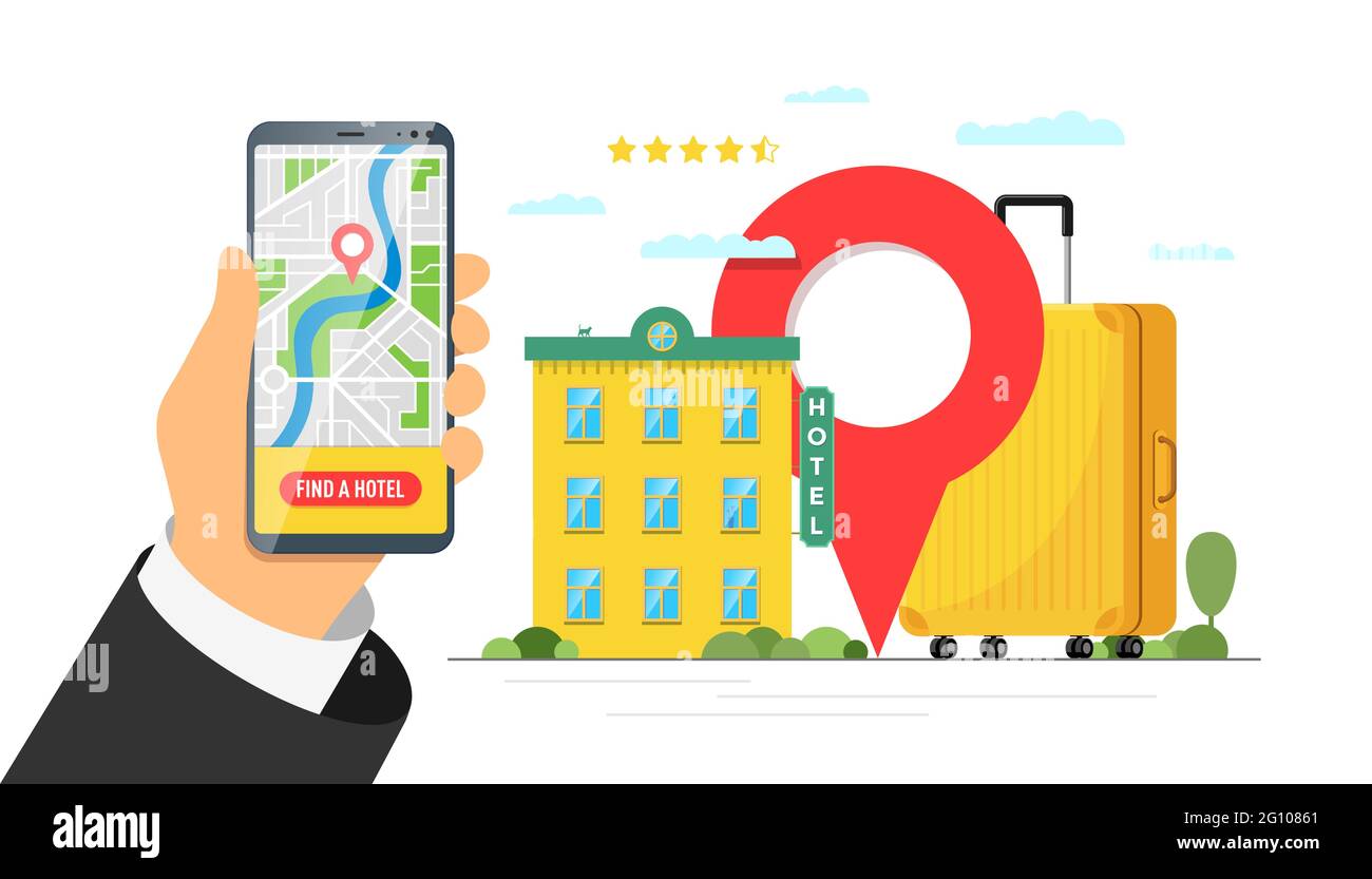 Finden Sie Hotel und Buchung Online-Service für Urlaub Tourismus App Konzept. Mobile Such- und Reservierungsbanner für Reiseapartments. Motel Gepäckkoffer und Standort Pin auf Smartphone Vektor-Illustration Stock Vektor