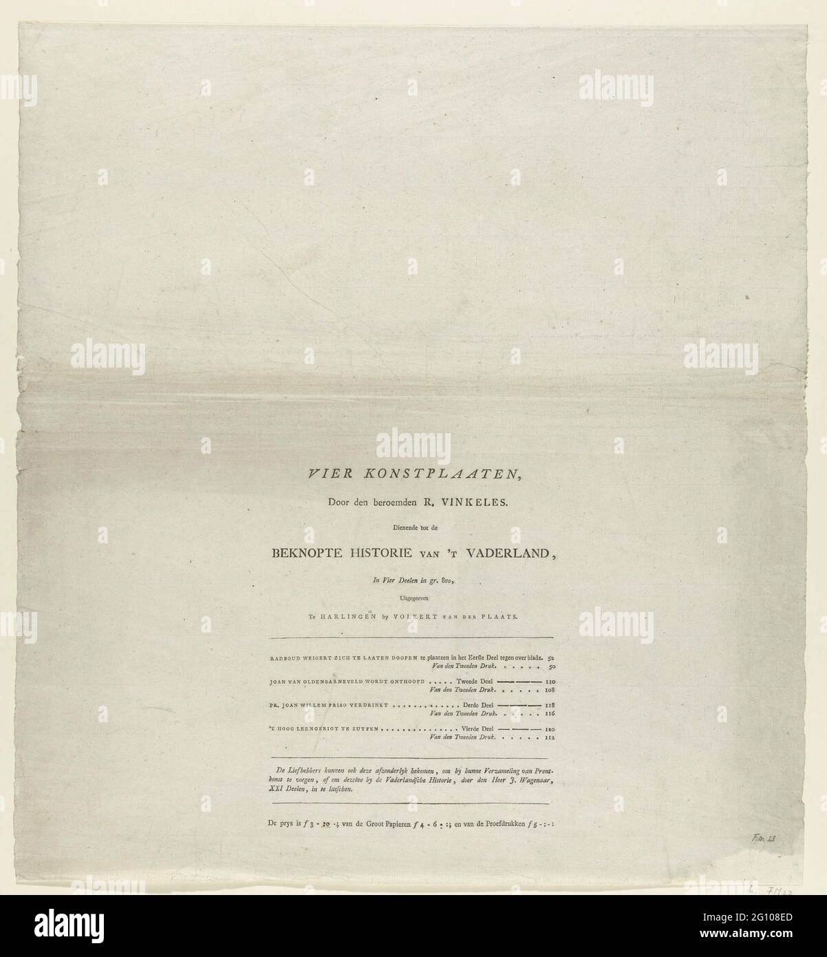 Cover für vier lose Illustrationen, die in der kurzen Geschichte von 't Voegland stehen; vier königliche Tafeln, durch den berühmten R. Vinkeles. Dient der kurzen Geschichte von 't Voegland. Mappe für vier lose Illustrationen von Reinier Vinkeles aus den vier Teilen der kurzen Geschichte von 't Voegland, herausgegeben von Volkert van der Place 1776 in Harlingen. Die Preise pro Papiertyp und der Ort, an dem die Abzüge im ersten und zweiten Druck in die Bücher eingefügt werden müssen. Stockfoto