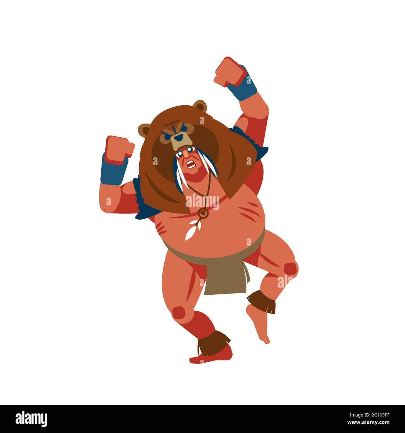 Bär Krieger Südamerikas, Maya, Azteken oder Inka Krieger in Bärenhaut. Eine indianische Tänzerin nimmt an einem traditionellen Tanz Teil. Zeichentrickfilm Stock Vektor