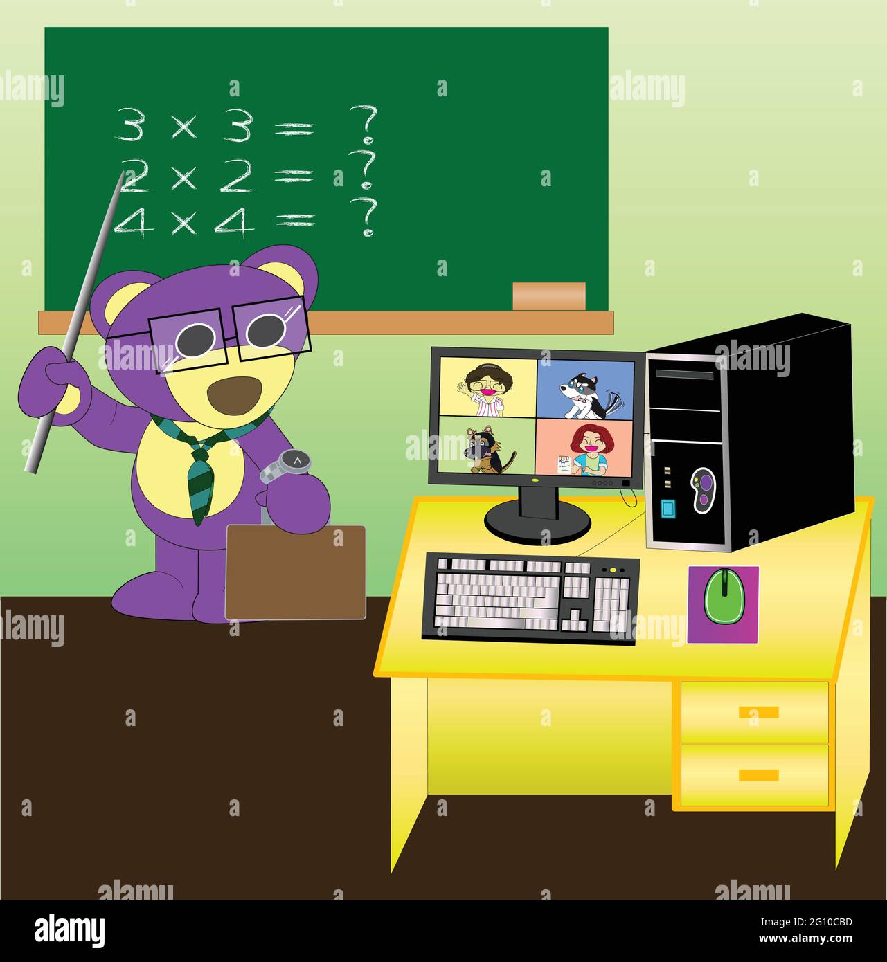 Mr.Purple Bär mit Freunden studieren im Online-Stil Stock Vektor