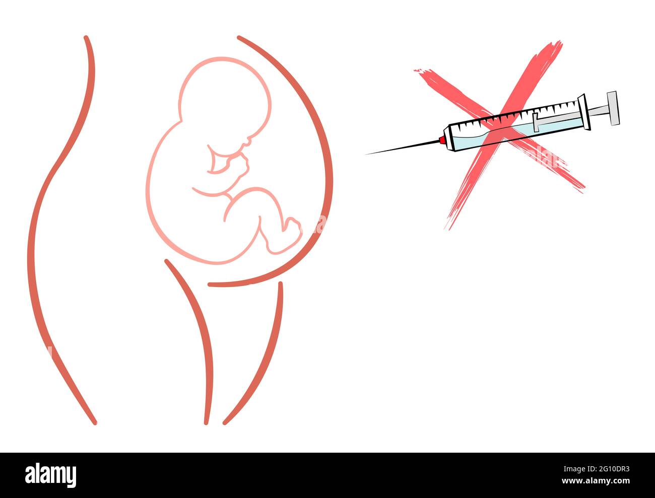 Baby-Symbol der Schwangeren mit durchgestrichenen Spritzen - Umriss-Illustration auf weißem Hintergrund. Stockfoto