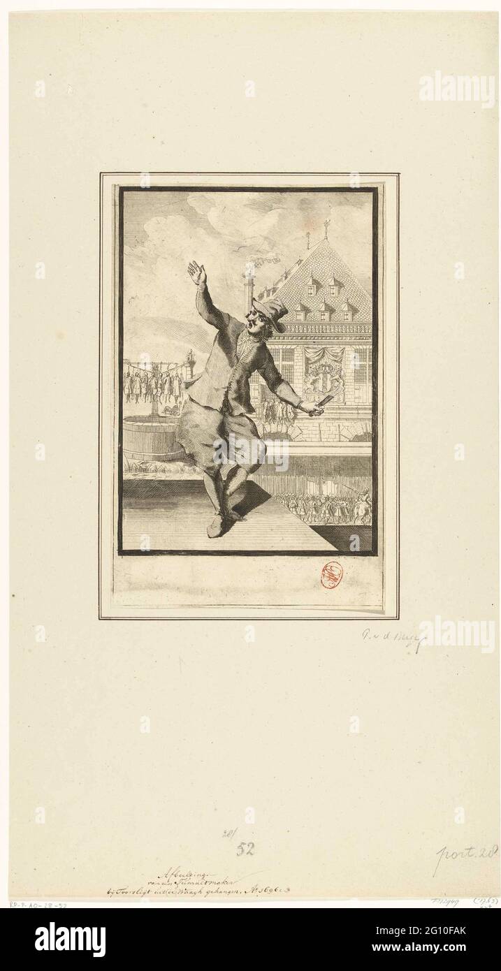 Ausführung der Raermaker der versöhnten Grundierung in Amsterdam, 1689. Ein Mann mit einer Fackel kündigt die Hinrichtung des Oberhirnherrschers an. Im Hintergrund ist der Waag in Amsterdam zu sehen. Fünf Körper hängen aus dem Fenster des Erdgeschosses. Auf der linken Seite ist der Galgen mit dem Rest der oberen Dienstmädchen. Unten rechts schlugen die Schützen den Aufstand. Stockfoto