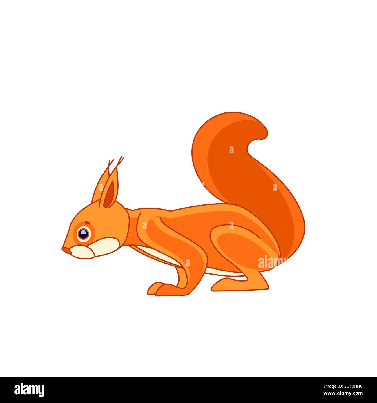 Eichhörnchen beobachtet neugierig von oben. Cartoon-Charakter eines Nagetier Säugetier Tier. Ein wildes Waldgeschöpf mit orangefarbenem Fell. Seitenansicht. Vektor flach Stock Vektor