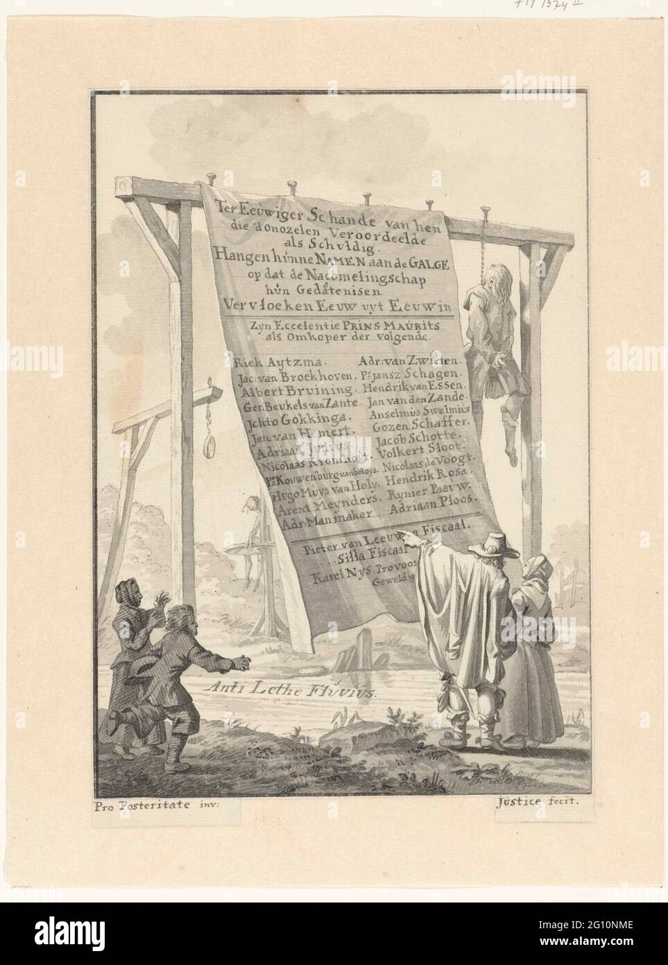 Karikatur auf die 24 Richter Johan van Oldenbarnevelt verurteilt, 1619. Karikatur zu den 24 Richtern, die Johan van Oldenbarnevelt am 1619. Februar zu Tode schickten. Ein Galgen Neben einem schwebenden Mann hängt ein Blatt Papier von der Inschrift: In der Schande, es diejenigen, die d'downstream als schuldig verurteilt hängen ihre Namen an der Galge auf, dass Nacade ihr Verhalten Ursache Jahrhundert Jahrhundert Jahrhundert. Nach der Liste der Namen der von Maurits gekauften Richter). Ein Mann und eine Frau stehen am Galgen. Stockfoto