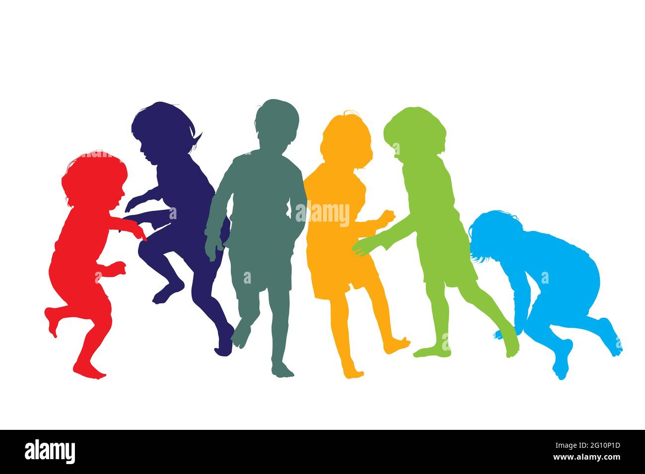 Silhouetten von Kindern, die in Farben spielen und laufen, isolierte Objekte auf weißem Hintergrund Stock Vektor