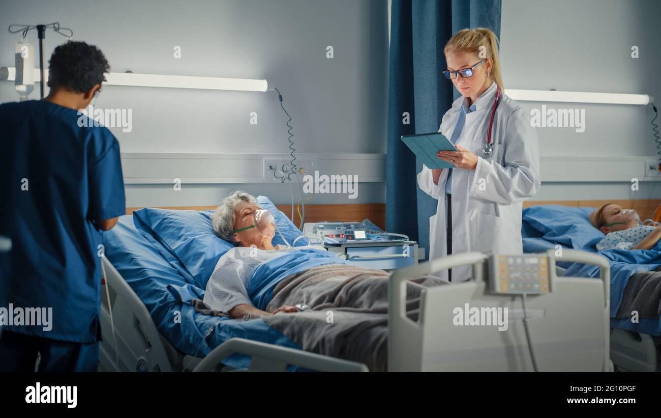 Krankenstation: Weibliche Hauptkrankenschwester und professioneller Arzt machen Runden Untersuchung auf schlafende ältere Frau Patientin, die im Bett ruhte. Sie Reden, Check Stockfoto