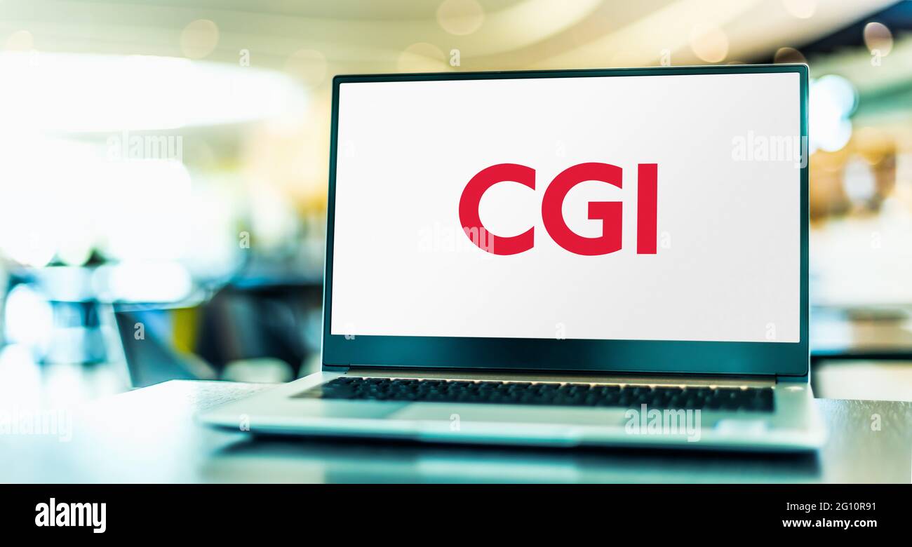 POZNAN, POL – 1. MAI 2021: Laptop-Computer mit Logo von CGI, einem UNTERNEHMEN FÜR IT-Beratung und Systemintegration mit Sitz in Montreal, Quebec, Stockfoto