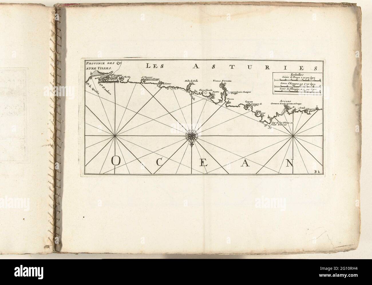 Karte der spanischen Nordküste bei Gijón, ca. 1702; Les Forces de l'Europe, Asie, Afrique et Amerique, Ou Beschreibung des Principales Villes Avec Leurs Fortifikations. Dessignées PAR LES MEILLEURS Ingenieure, private Party Celles Qui sont Sous La Domination de la France (...) Et Ornées the plusieurs Superbes Edifes. Karte der spanischen Nordküste bei Gijón. Unterschrift unten rechts: BB. Teil des zweiten von zwei Teilen des Bildes: Les Costes de France et d'Espagne (oder Teil 14 aus: Les Forces de l'Europe, Asie, Afrique et Amerique), herausgegeben um 1702. Die Bildarbeit existiert insgesamt 43 Stockfoto