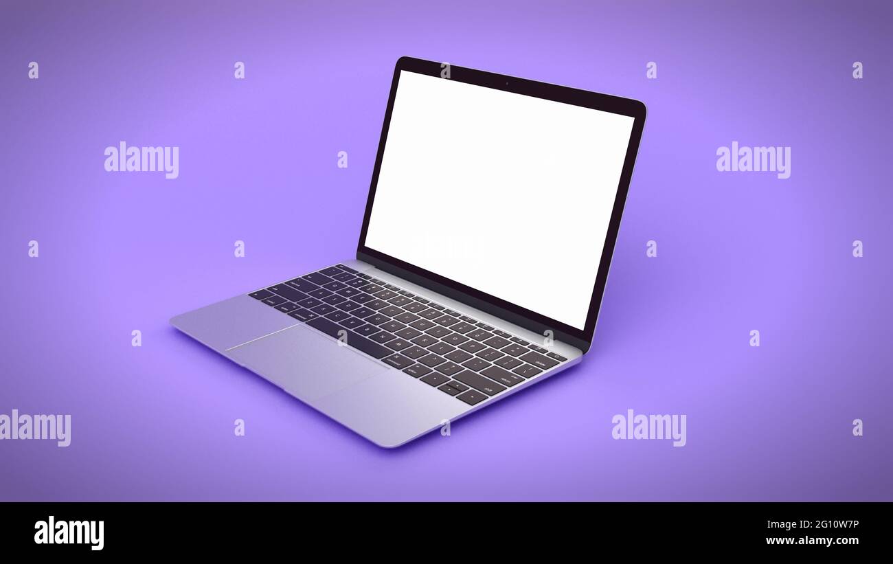 Minimalistischer Laptop mit leerem Bildschirm. Nachbau auf Lila, 3d-Rendering Stockfoto