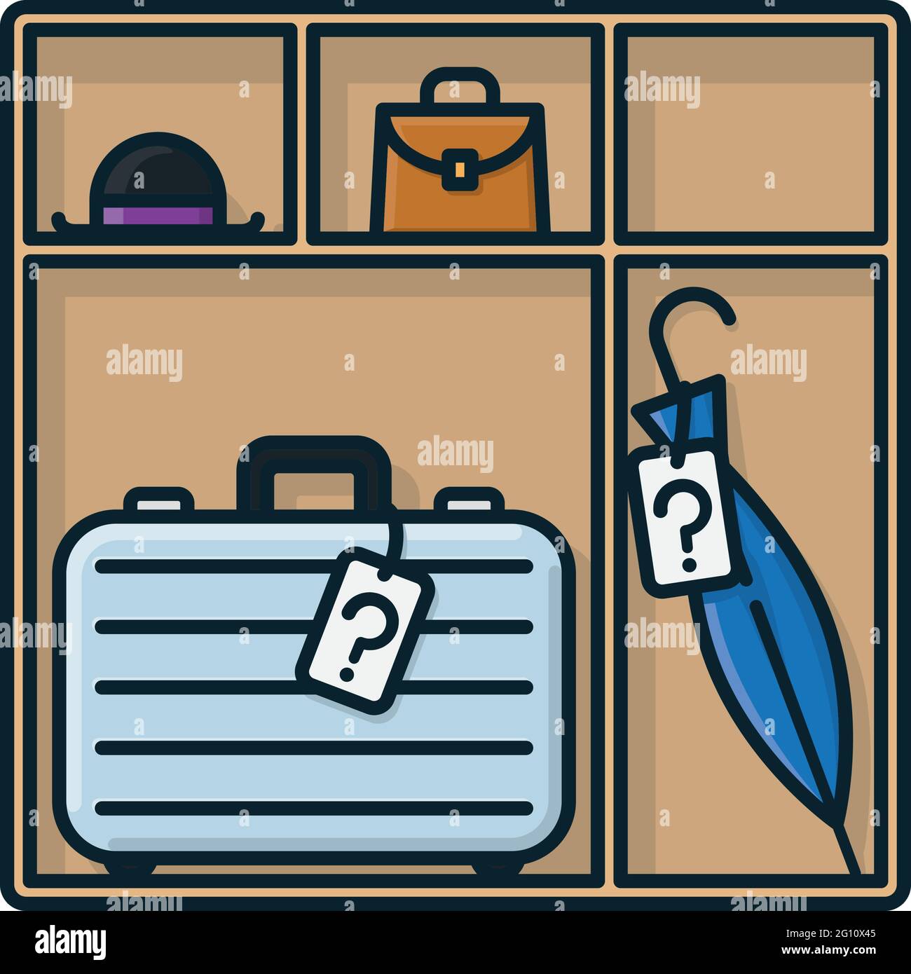 Regal mit Koffer, Regenschirm, Hut und Handtasche isolierte Vektor-Illustration für Lost and Found Day am 10. Dezember Stock Vektor