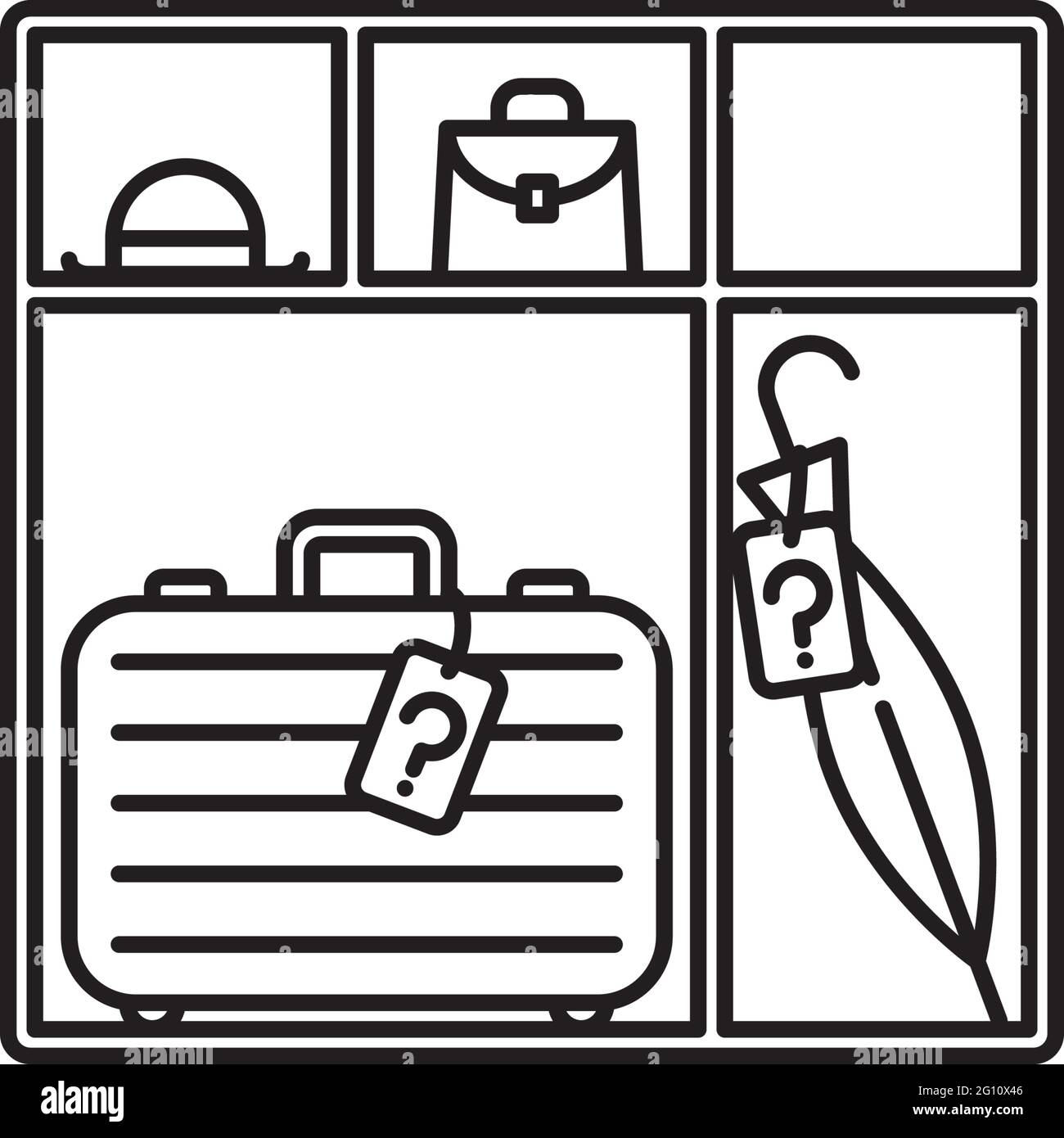 Regal mit Koffer, Regenschirm, Hut und Handtasche Vektor-Linie Symbol für Lost and Found Day am 10. Dezember Stock Vektor