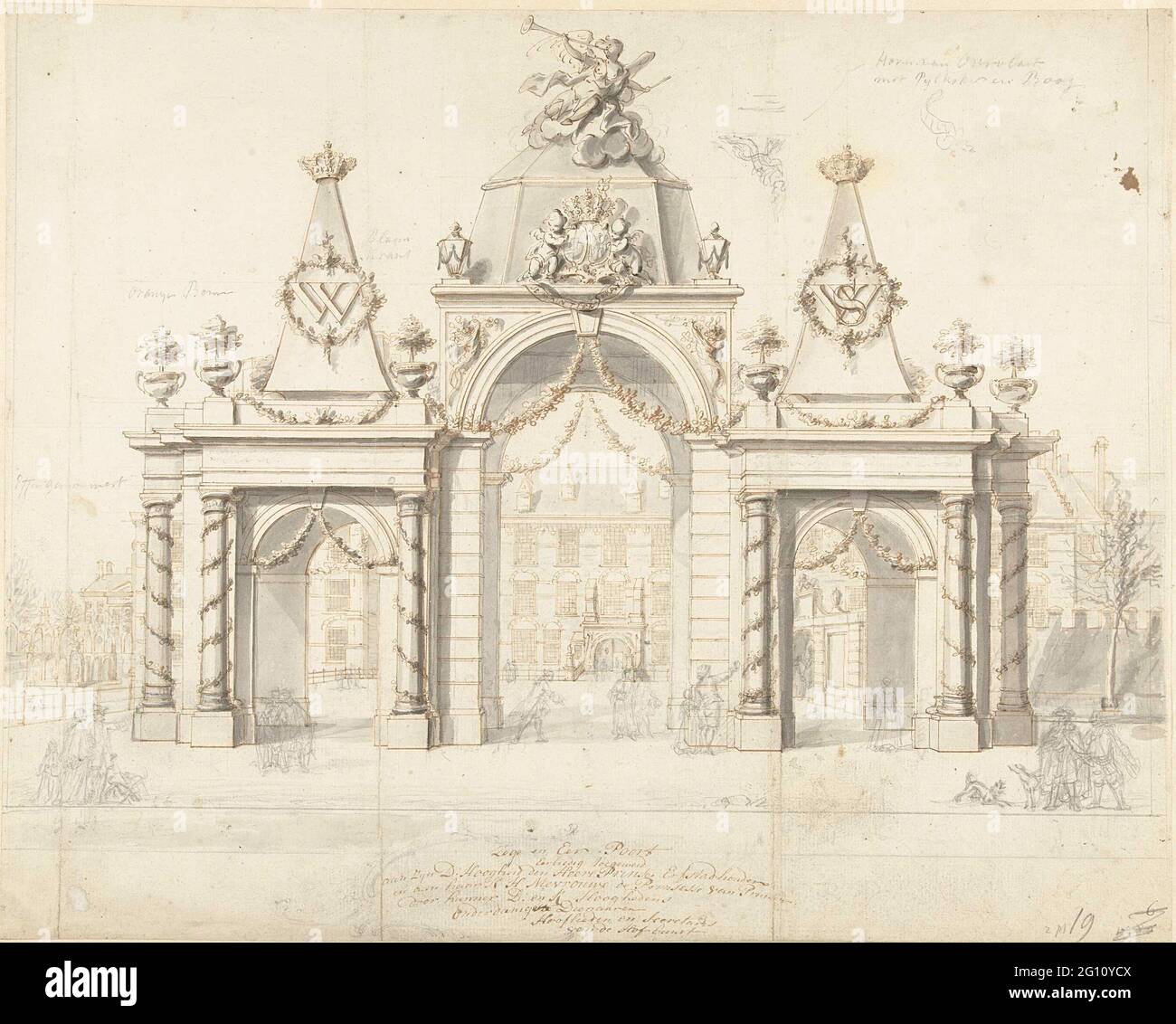 Erepoort auf dem Buitenhof für die Einreise von Willem V und Wilhelmina van Preussen, 1767. Blick auf den Ehrenhafen, der am 9. November 1767 auf dem Buitenhof zur Einführung des frisch verheirateten Stadhouder Willem V und seiner Frau Prinzessin Wilhelmina van Preussen in Den Haag gegründet wurde. Design für einen Druck. Stockfoto