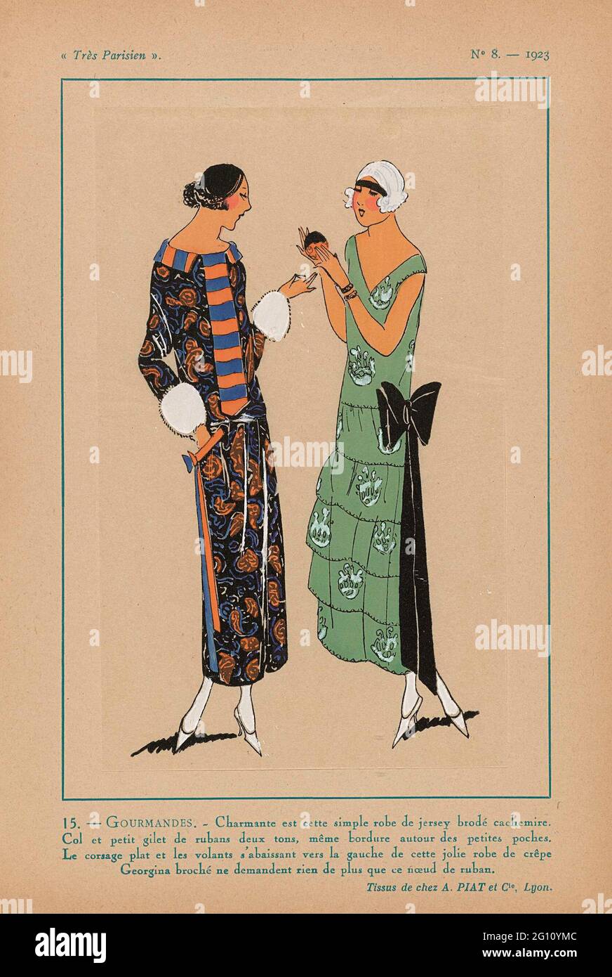 Très Parisien, 1923, Nr. 8: 15.- Gourmandises. - Charming Est Cette Simple Robe .... Links: Japanischer Jawon mit Kaschmir bestickt. Kragen und Weste zweifarbig gestreift, mit idem Band um die kleinen Seitentaschen. Rechts: Kleid aus umrandeten Crepe Georgina, bestehend aus einem rechten Mieder und einem Rock mit Streifen, einer großen Schleife aus schwarzem Band an der Seite. Stoffe aus A, Piat et Cie. Druck aus dem Modemagazin Très Parisien (1920-1936). Stockfoto