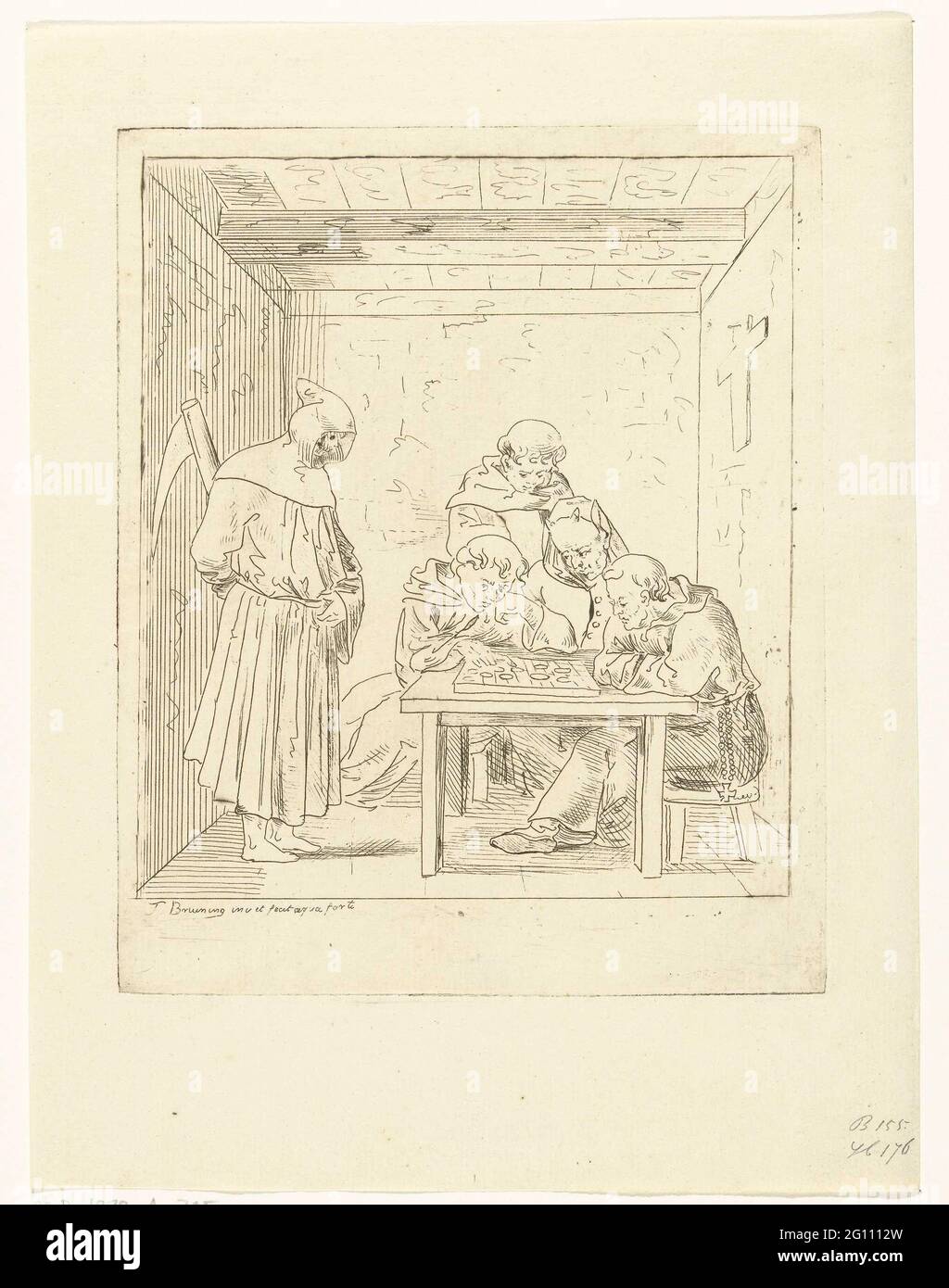 Mönche an den Dämmen. Zwei Mönche sitzen an einem Tisch. Hinter ihnen ist ein dritter Mönch und ein Teufel mit einem Mönch treiben. Neben dem Tisch ist der Tod, auch verkleidet als Mönch. Er trägt die Sense hinter seinem Rücken. Die Mönche sind im Spiel so vertieft, dass sie das Innere nicht bemerken. Stockfoto