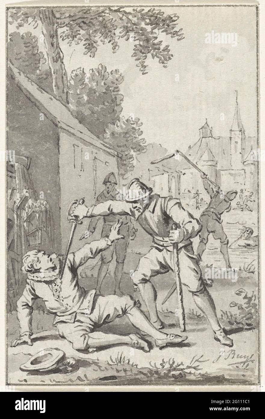 Mord an Wirich von Daun, Graf von Falkenstein, 1598. Der Mord an dem Wirich von Daun, Graf von Falkenstein, durch die spanischen Truppen unter Francisco de Mendoza, wurde am 11. Oktober 1598 begangen. Design für einen Druck. Stockfoto