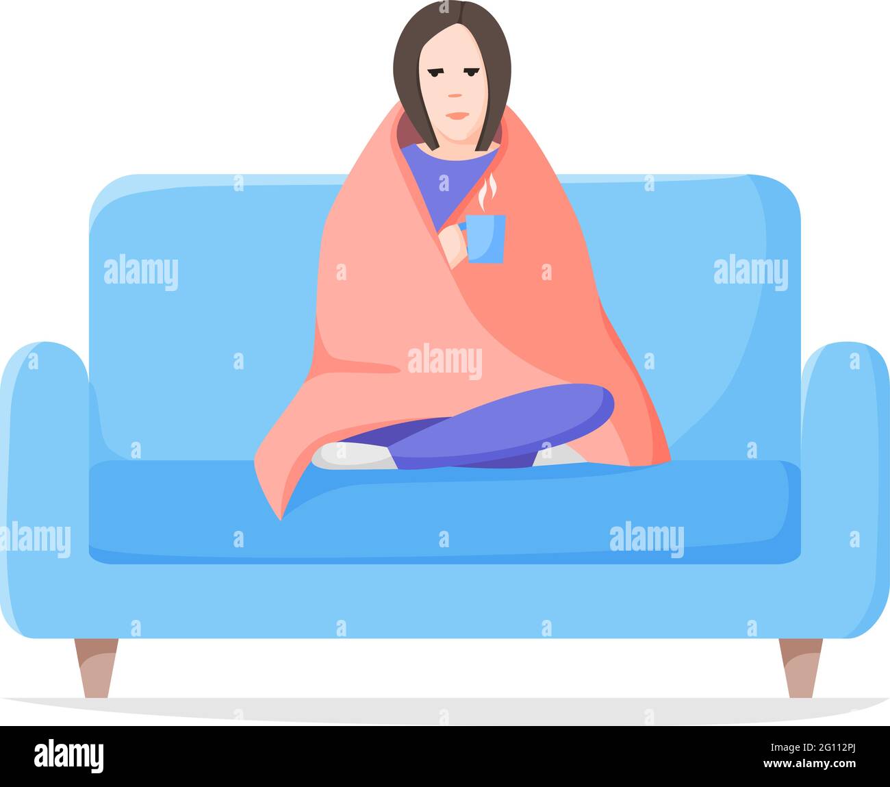 Traurige allein Frau sitzt gewickelte Decke auf dem Sofa. Deprimiert und müde Mädchen mit heißem Getränk. Selbstisolierungskonzept. Vektorgrafik im flachen Stil. Stock Vektor