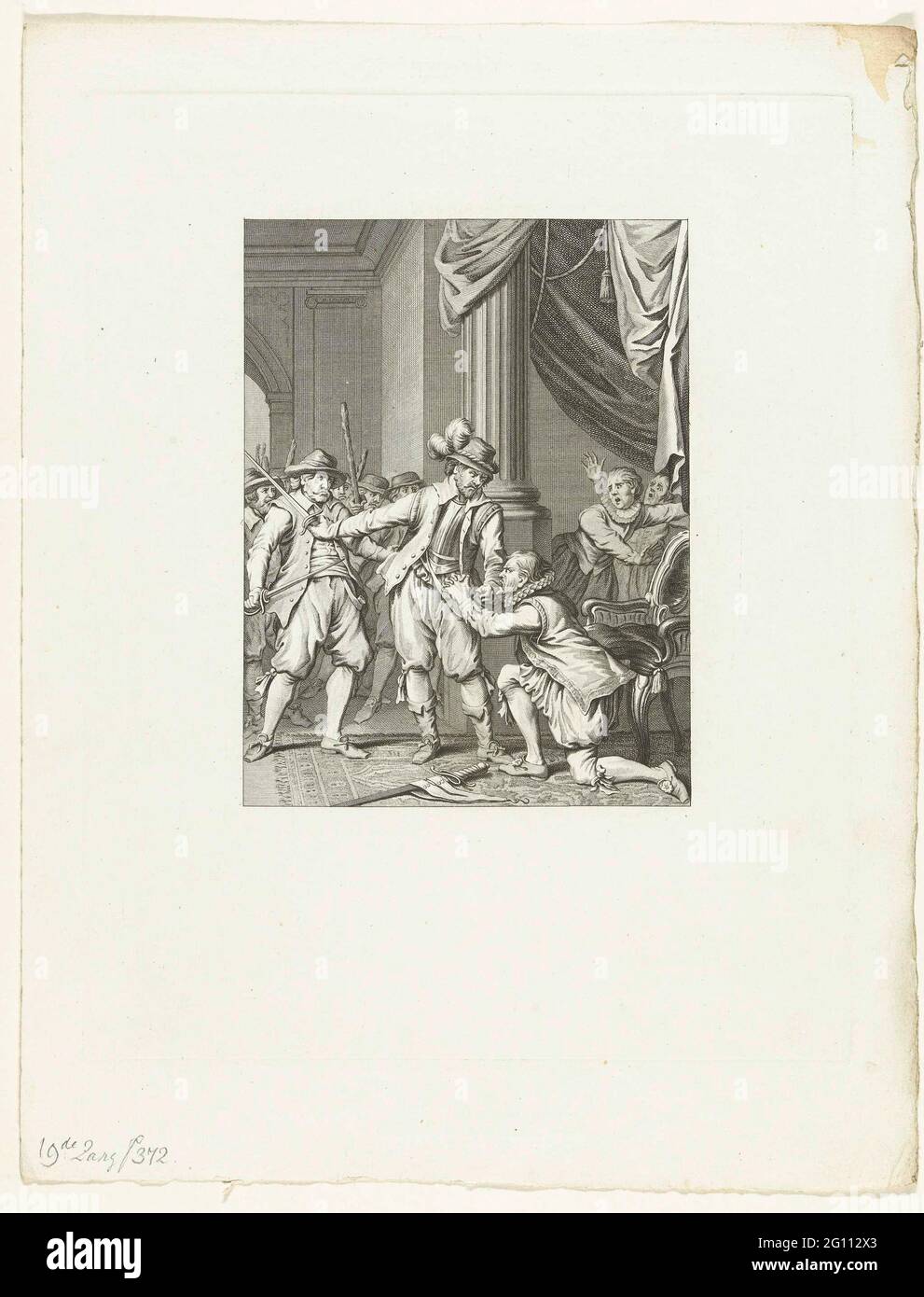 Bürgermeister Aerschot geschützt durch Ryhove, 1577; Akt von Riehoven in Bezug auf Aarschot / XIX. Gesang; Szenen aus dem Leben von Prinz Willem I, 1568-1584; Künstliche Platten, die zum Eursten-Epos gehören, in vier und zwanzig Gefahren durch die Niederlande näher J. Nomsz .. Aerschot, Bürgermeister von Gent, geschützt durch François von Ryhove gegen die rebellischen Bewohner, 1577. Neunzehnte Stimme. Stockfoto