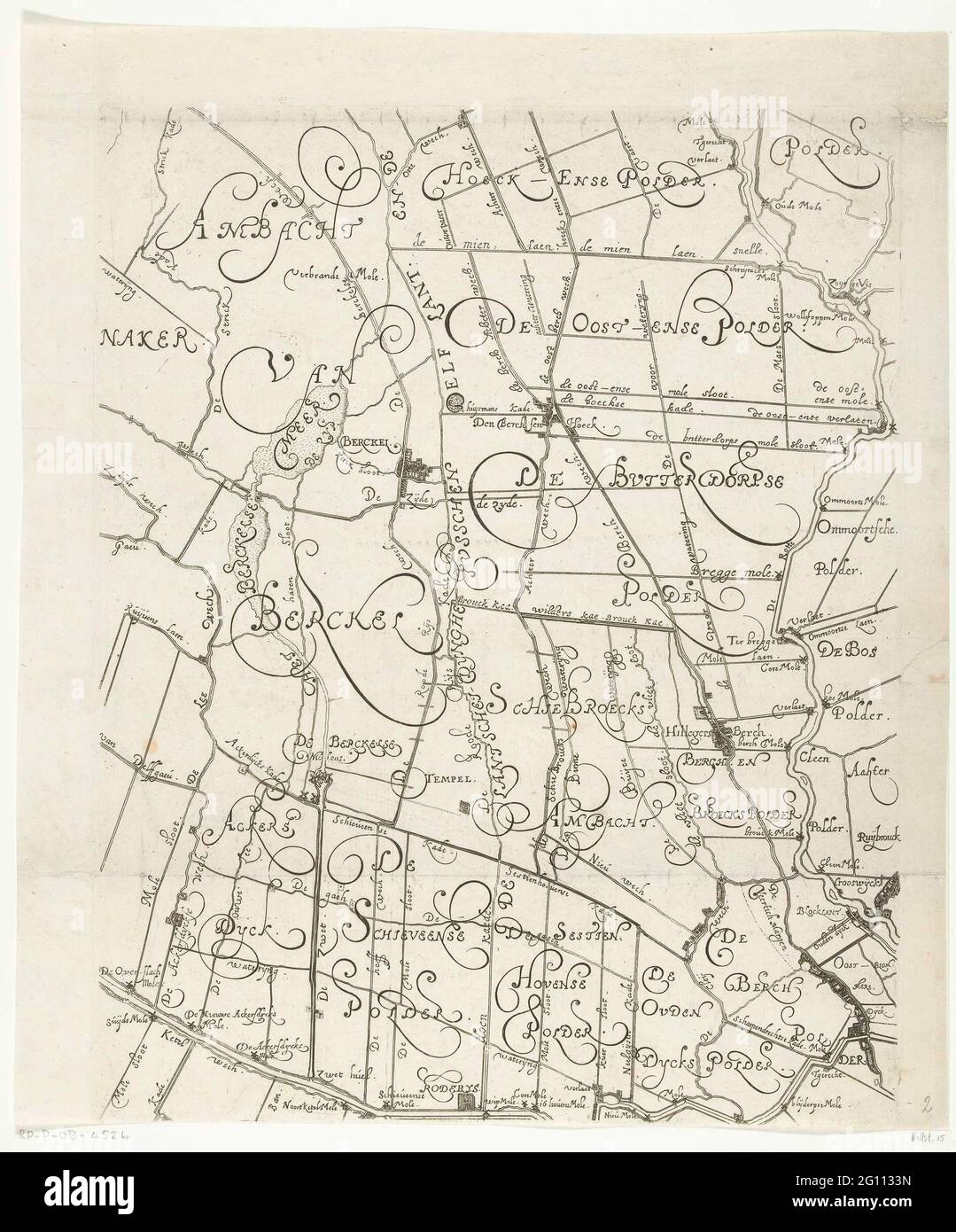 Karte von Delfland (Blatt Mitte rechts); wahrer Weg von Delflandt. Karte von Delfland. Oben in der Mitte das Wappen der Delfland Water Board und die kommunalen Waffen der Städte. Unten links ein Verständnis. Komplett bestehend aus neun Blättern und sechs Textblättern: Blätter in der Mitte rechts. Stockfoto
