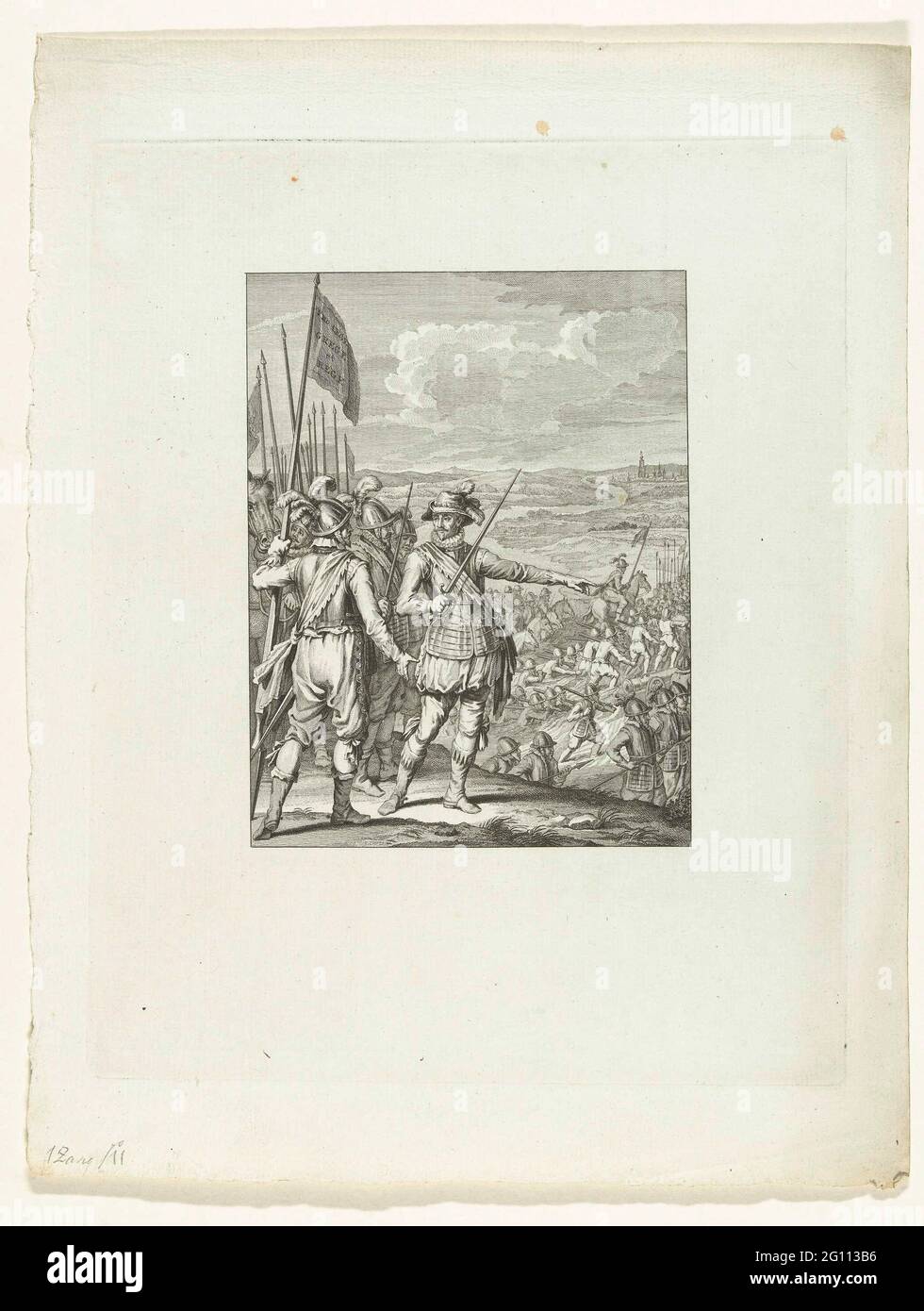 Die Armee des Prinzen überquert die Maas, 1568; Overties über die Maas / I. Gesang; Szenen aus dem Leben von Prinz Willem I, 1568-1584; Künstliche Platten aus dem Eursten-Epos, in vier und zwanzig Gefahren durch die Niederlande näher J. Nomsz .. Willem van Oranje, der im Vordergrund zwischen seinen Offizieren steht, weist seiner Armee den Weg bei der Überquerung der Maas, Oktober 1568. Erster Gesang. Stockfoto