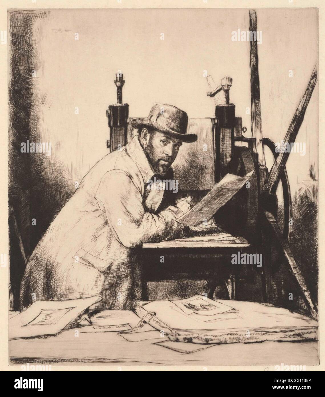 Porträt des Muirhead Bone, angelehnt an die Ätzer, 1908. Der Engländer Etser Francis Dodd produzierte hauptsächlich Portraits. In seinem Stil wurde er etwas beeinflusst von seinem Freund und Lehrer Muirhead Bone (1876-1953), den er hier über die Radierpresse porträtierte. Da Bone den Betrachter anschaut, hat das Porträt des Künstlers gleichzeitig den Charakter eines Freunds-Portraits. Beide Freunde wurden auch eine Familie von einander im Jahr 1903, als Bone mit der Schwester von Francis Dodd in Ehe Stockfoto