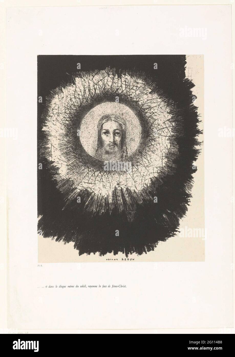 Und in der Sonnenscheibe schien das Antlitz Christi; ... et dance le disque même du Soleil, rayonne la face de jesus-christ; Tentation de Saint-Antoine (1); Temptation of Saint Antonius. Das Antlitz Christi in einem Strahlenkranz. Zehnter Druck von zehn aus der ersten Serie von Illustrationen für Gustave Flauberts die Versuchung des heiligen Antonius. Stockfoto