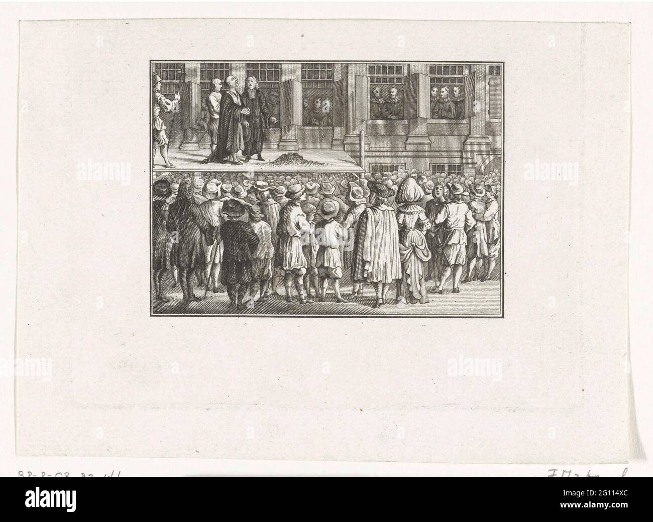 Die Hinrichtung des Kapitäns Pelz, 1677. Hinrichtung von Kapitän Jan Bont am 5. Februar in der Admiralität oder im Prinsenhof im Oudezijds Voorburgwal in Amsterdam. Verurteilt wegen nicht autorisiertem Verlassen der Flotte von Jacob Binckes in Westindien. Pelz steht auf dem Gerüst für seine Enthauptung. Stockfoto