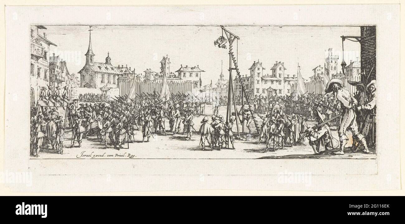 Strafmaßnahmen: Die Wipgalg; Les Miseres et les Malhors de la Guerre; die Schrecken des Krieges (groß). Auf einem Stadtplatz wurden viele Soldaten um einen Wipgalg gesammelt. Ein Mann hängt an einem Seil an der Spitze des Galgen. Rechts im Vordergrund ein Soldat, gebunden mit den Händen auf dem Rücken. Links im Hintergrund vier Gefangene auf einem Holzpferd. Unter der Show ein leerer Rand. Dieser Druck ist Teil einer Serie von 17 Stück (inkl. 18 Stück) Titeldruck) Drucke mit Performances verschiedener Arten von Elend, das Kriegsführung mit sich bringt. Stockfoto