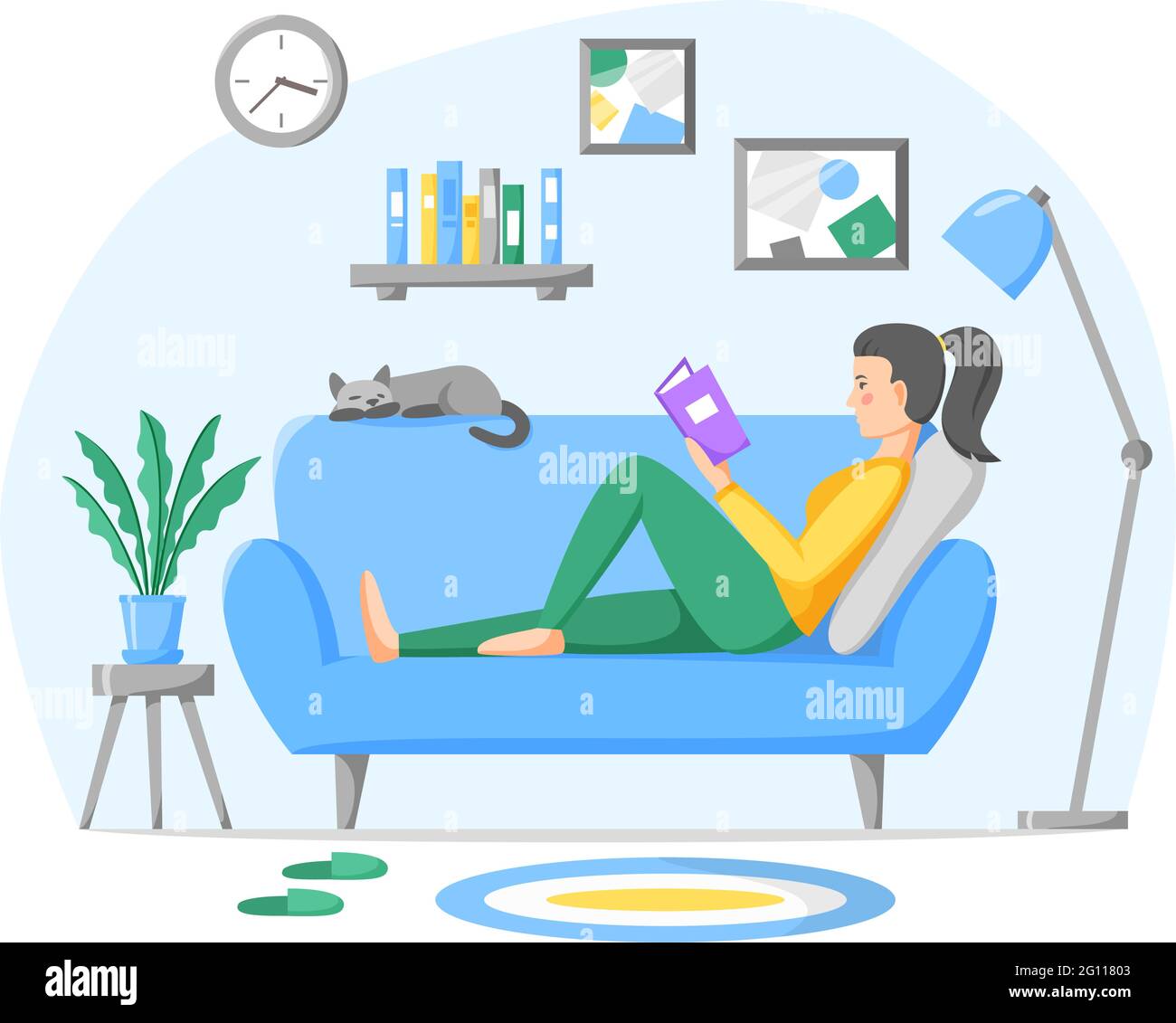 Frau, die zu Hause auf dem Sofa ein Papierbuch liest. Wohnzimmer mit Couch, Heimpflanze und Haustier. Ruhe und Freizeit zu Hause. Vektorgrafik in f Stock Vektor