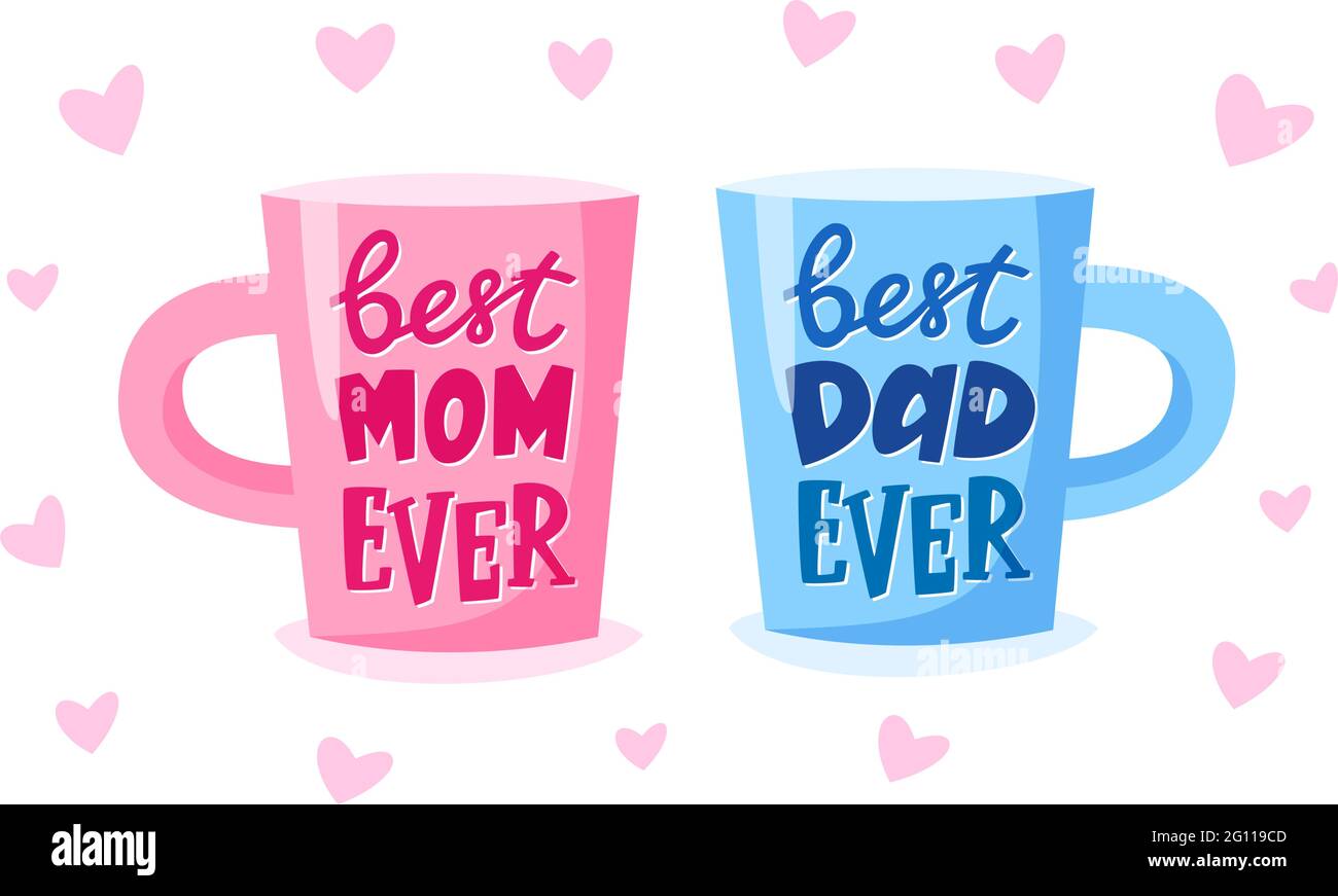 Muttertag und Vatertag Geschenk. Beste Mama aller Zeiten und bester Papa aller Zeiten Schriftzug auf Tasse. Present Konzept für Eltern, Vektor-Illustration Stock Vektor