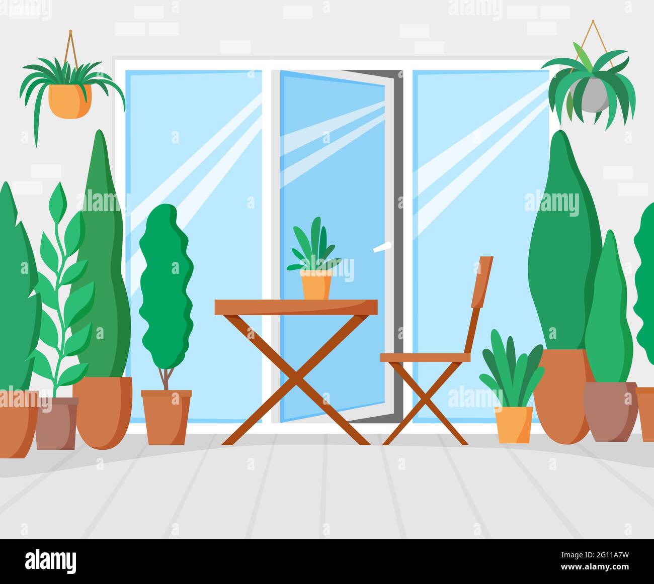Garten auf Terrasse mit Tisch und Stuhl, grüner Balkon mit Pflanzen, Galerie mit großem Fenster für die Freizeit. Flache Abbildung Stock Vektor