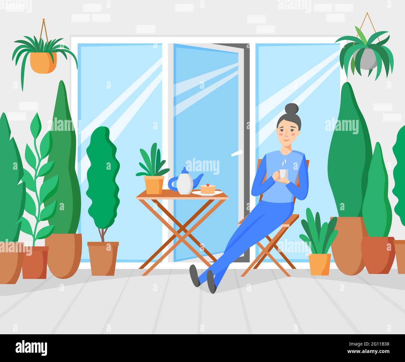Frau beim Frühstück auf der Terrasse mit Garten. Pflanzen und Bäume auf dem Balkon. Frau, die zu Hause wohnt und sich auf der Veranda entspannt und Kaffee trinkt. Vektor Stock Vektor
