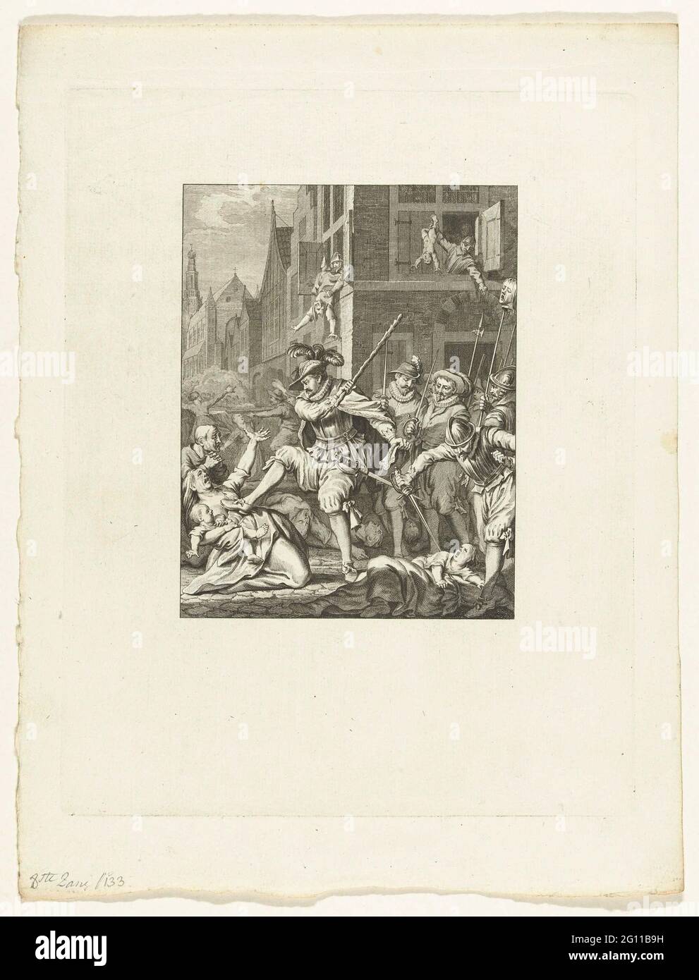 Murder in Haarlem, 1573; Destruction v. Haarlem, von Don Fredrik / VIII. Gesang; Szenen aus dem Leben von Prinz Willem I, 1568-1584; Künstliche Platten des Vorfahren Earse Eersten, in vier und zwanzig Gefahren des niederländischen Dichters J. Nomsz .. Murdmed von Don Frederik und den spanischen Soldaten in Haarlem, 1573. Mütter und Kinder werden ermordet. Achte Stimme. Stockfoto