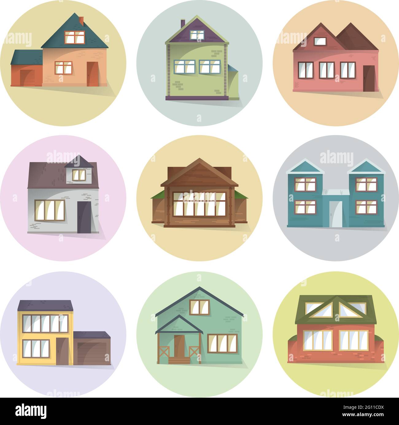 Haus-Ikonen-Set, verschiedene Arten von Häusern, Gebäudefassaden, halbflach Stil mit Schatten, Vektor-Illustration Stock Vektor