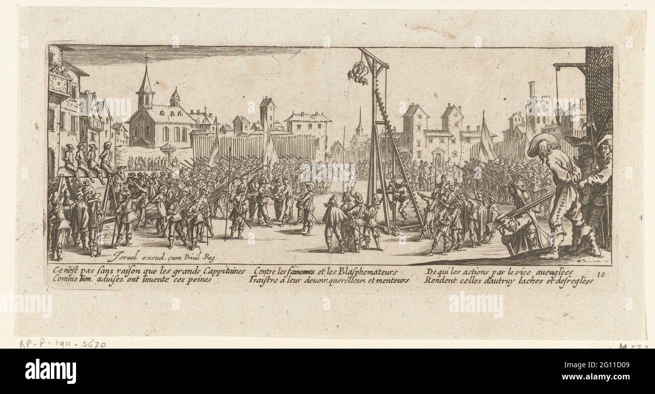 Strafmaßnahmen: Die Wipgalg; die traurigen Olissionen des Ohrhörers; die Schrecken des Krieges (groß). Auf einem Stadtplatz wurden viele Soldaten um einen Wipgalg gesammelt. Ein Mann hängt an einem Seil an der Spitze des Galgen. Rechts im Vordergrund ein Soldat, gebunden mit den Händen auf dem Rücken. Links im Hintergrund vier Gefangene auf einem Holzpferd. Unter der Show eine sechs-Linien Französisch frisch. Dieser Druck ist Teil einer Serie von 17 Stück (inkl. 18 Stück) Titeldruck) Drucke mit Performances verschiedener Arten von Elend, das Kriegsführung mit sich bringt. Stockfoto