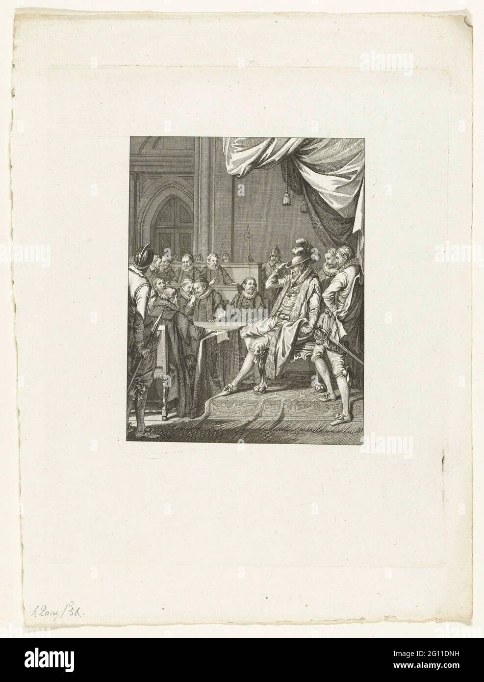 Alva fordert die zehnte Medaille, 1569; Anspruch v. d. Zehnte Dreharbeiten / iv. Gesang; Szenen aus dem Leben von Prinz Willem I, 1568-1584; Künstliche Platten, die zum Epos gehören, in vier und zwanzig Gefahren durch den Niederländischen Closer J. Nomsz .. Der Herzog von Alva fordert die zehnte Medaille bei einem Treffen der Staaten, 1569. Vierter Gesang. Stockfoto