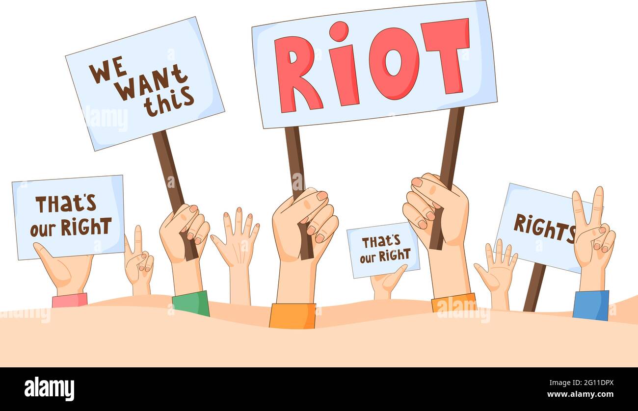 Die Demonstrationsmenschen fordern Gerechtigkeit. Hände mit Spruchbändern, Plakaten und Postern. Menschenrechtsaktivisten mit Manifestationszeichen. Konzept des Protests Stock Vektor