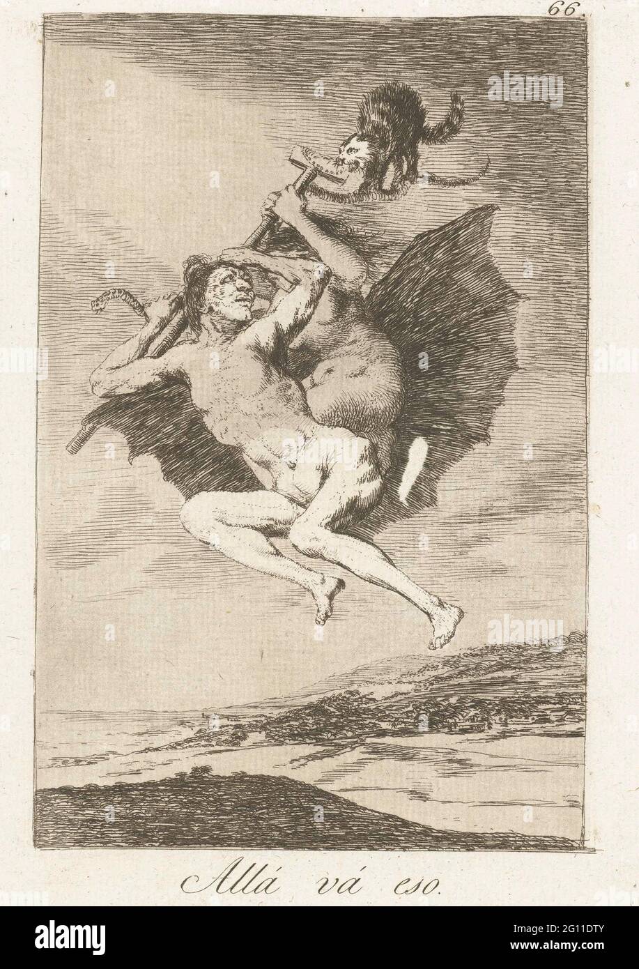 Sie gehen dorthin; Allá Vá ESO; Los Caprichos. Eine Hexe und ein Teufel in der Luft, an einem Stock und einer Schlange hängend. Am Schlauchende befindet sich eine Katze. Sechzigster Druck aus der Serie Los Caprichos. Stockfoto