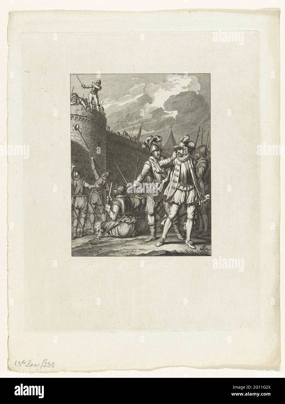 Lectaren verweigern das Brot von den Spaniern angeboten, 1574; gescheiterte Liste der Spanier für Leiden / XIII. Gesang; Szenen aus dem Leben des Prinzen Willem I, 1568-1584; Künstliche Platten aus dem Eursten-Epos, in vier und zwanzig Gefahren durch den Niederländischen Closer J. Nomsz .. Die belagerten kanaren verweigern das Brot, das von den Spaniern angeboten wird, 1574. Dreizehnte Stimme. Stockfoto