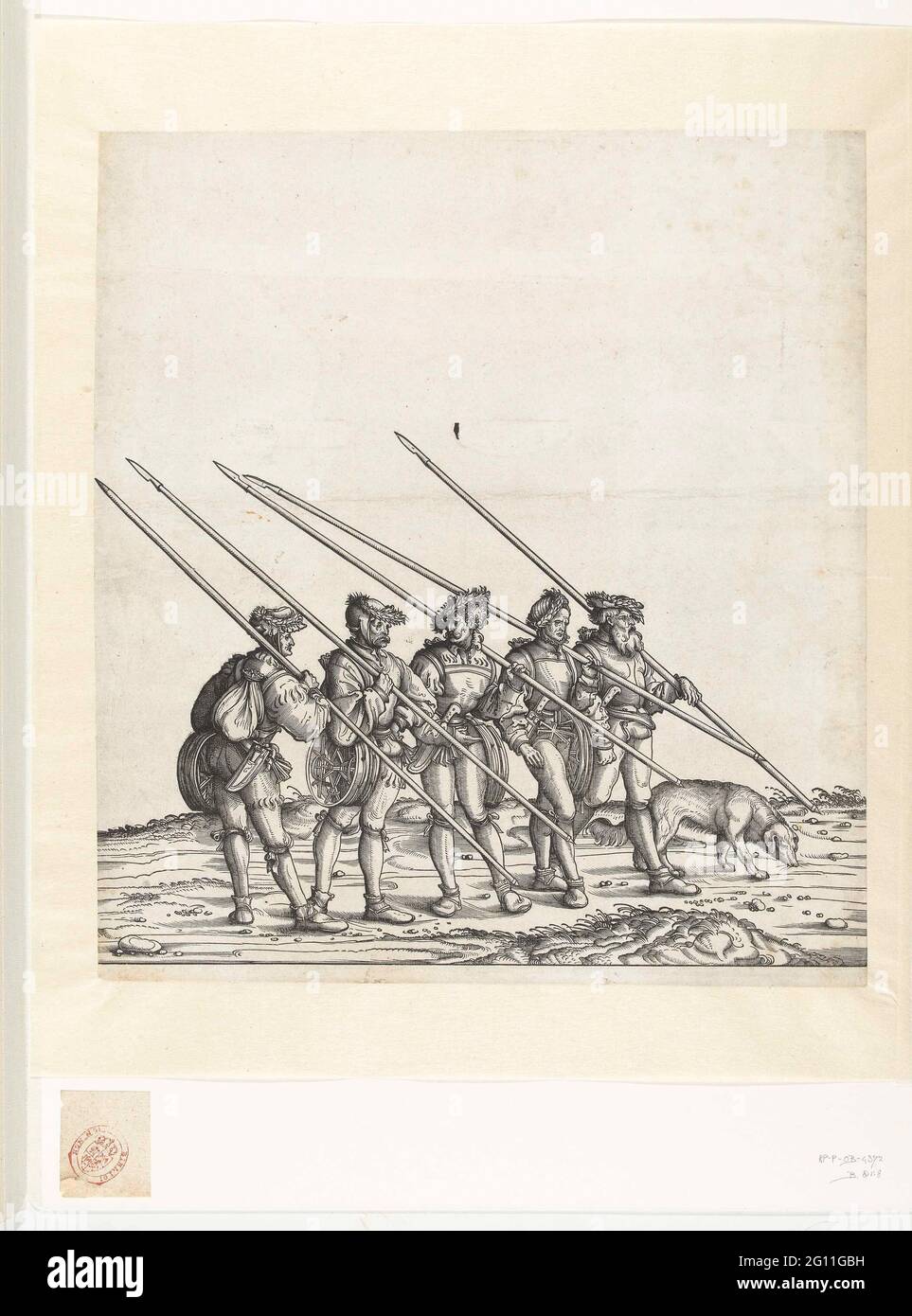 Fünf Jäger und Hund bei der Jagd auf Ziegeln und Zugvögel; Triumph des Imperators Maximiliaan I. fünf Jäger gehen in einer Reihe, sie tragen verschiedene Gegenstände, die sie bei der Jagd nach Ziegeln und Zugvögel verwenden. Erkennbar sind die Lanzen mit scharfen Spitzen, Dolche, Eisspuren, oxis-Äste und die Schneeschuhe. Die Jäger sind Teil des Triumphes von Kaiser Maximiliaan I. Neben ihnen läuft ein Hund. Stockfoto