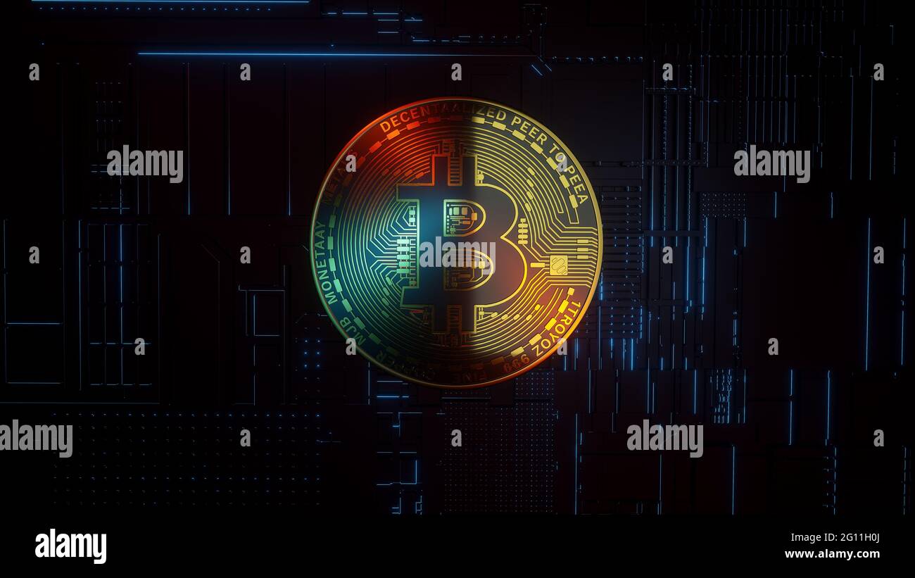 Abstrakt futuristischer Technologiehintergrund von Bitcoin, Blockchain-Technologie für Kryptowährung, 3d-Rendering Stockfoto