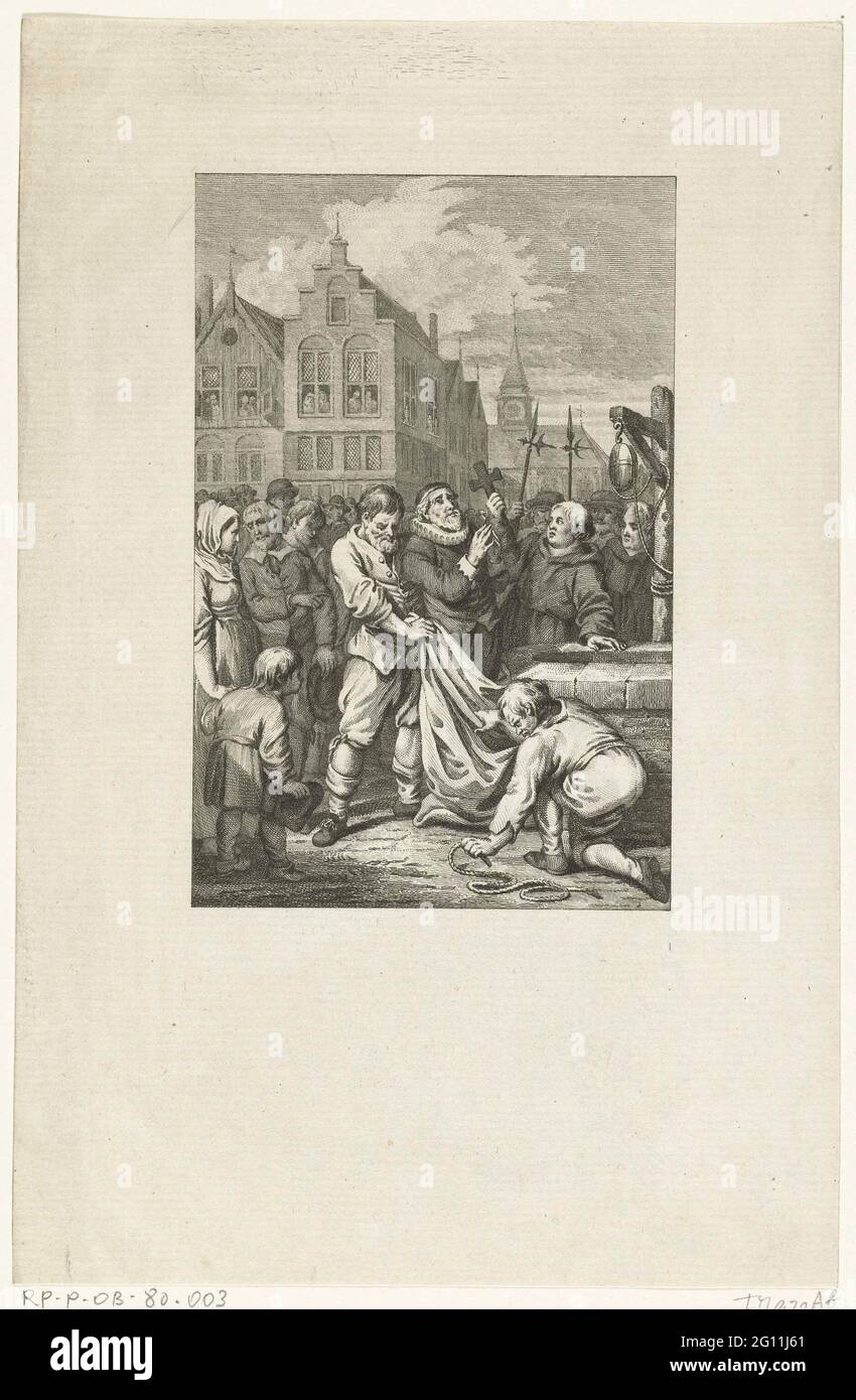 Pastor Johannes Florianus in Brüssel als Ketzer in einer Tasche gebunden und in einen Brunnen geworfen, 1585. Johannes Florianus, reformierte Pastor in Brüssel, wird als Ketzer in einen Sack gebunden und in einen Brunnen geworfen, 1585 Stockfoto
