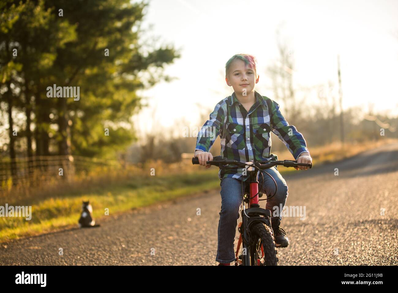 Kanada, Ontario, Junge, der bei Sonnenuntergang Fahrrad auf der Landstraße fährt Stockfoto
