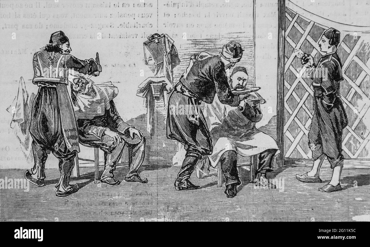 barbier en plein aire en Orient ,l'univers illustre 1882,editeur librairie nouvelle Stockfoto
