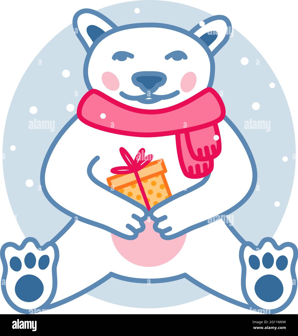 Eisbär mit eingewickelten Geschenkbox trägt roten Schal, Weihnachten niedlichen Charakter. vektor-Illustration Stock Vektor