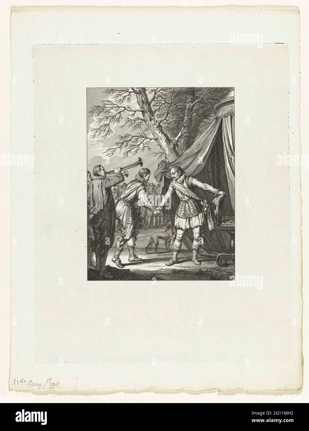 Treffen zwischen Oranje und Mondragon, 1573; Treffen zwischen. Willem und Mondragon / XI. Gesang; Szenen aus dem Leben von Prinz Willem I, 1568-1584; Künstliche Platten des Vorfahren Earse Eersten, in vier und zwanzig Gefahren durch die Niederlande näher J. Nomsz .. Treffen zwischen Willem van Oranje und Mondragon für ein beschriftetes Zelt in Middelburg, 1573. Elfter Gesang. Stockfoto