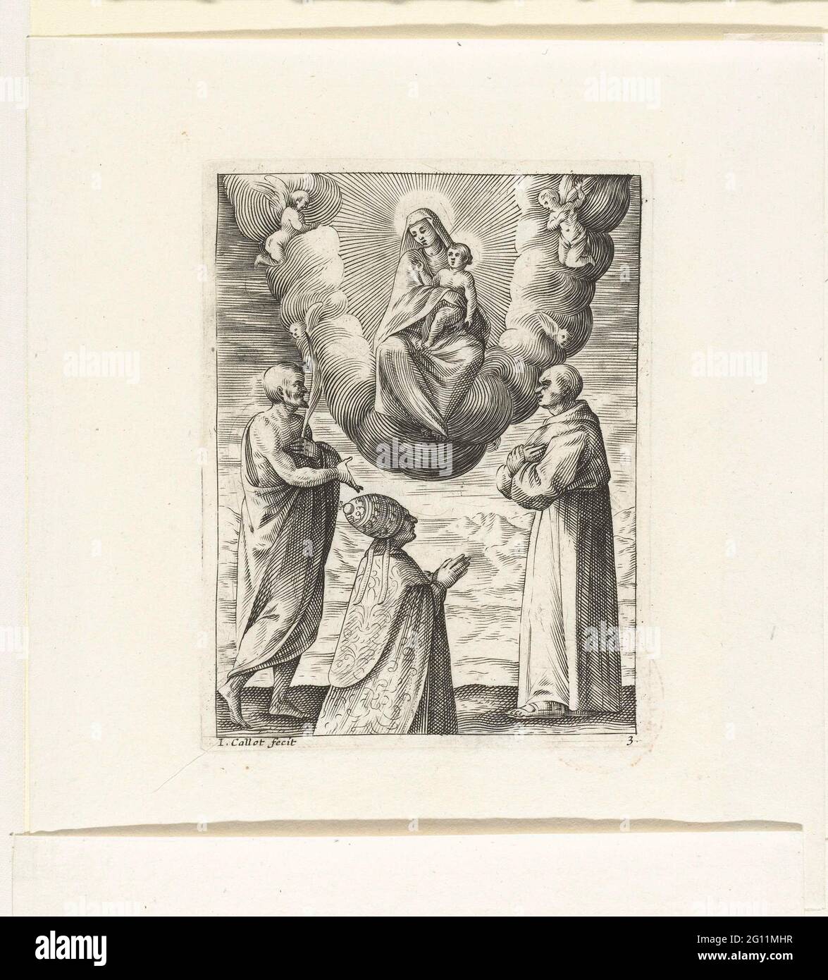 Marienverehrung durch einen Papst, Märtyrer und Geistlichen; Marienverehrung durch Papst Bonifatius VIII., den Heiligen Bonifatius und den Heiligen Franziskus; Marienverehrung durch Papst Bonifatius VIII., den Heiligen Crispinus und den Heiligen Franziskus; Gemälde und Skulpturen in Rom. Ein Papst, ein Märtyrer und ein Geistlicher (identifiziert als Papst Bonifatius VIII, der Heilige Crispinus oder der Heilige Bonifatius und der Heilige Franziskus) beten Maria an, die auf einer Wolke mit dem Christuskind auf einer Wolke sitzt. Dieser Druck ist Teil einer Serie von 29 Aufführungen von Gemälden und Skulpturen in Kirchen in Rom, nummeriert 1-16 und 1-13. (Th Stockfoto
