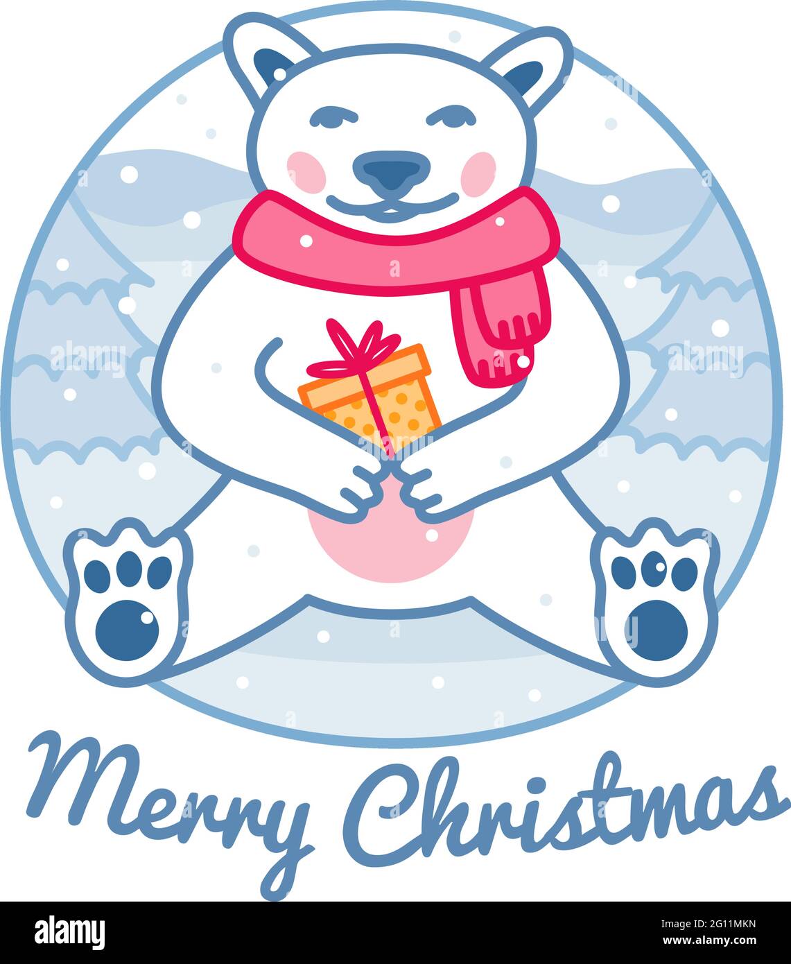Eisbär mit eingewickelter Geschenkbox trägt roten Schal, Weihnachten niedlichen Charakter und Grußkarte, Frohe Weihnachten Zeichen, Vektor-Illustration Stock Vektor